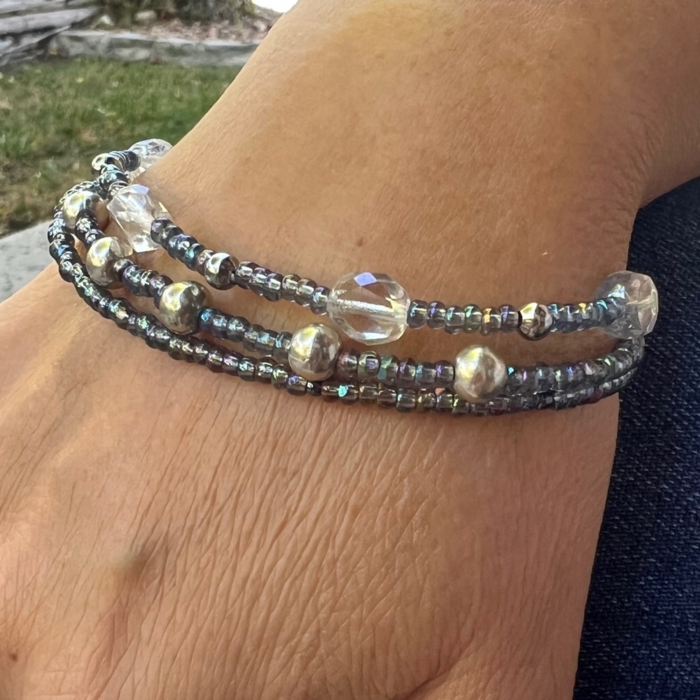 Triple Strand Smokey Gray, Clear and Silver Toned Beaded Bracelet